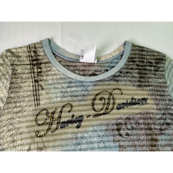 Vintage Harley Davidson Womens XL Burn Out Graphic T Shirt Blue‎ Floral Paisley - Picture 2 of 10